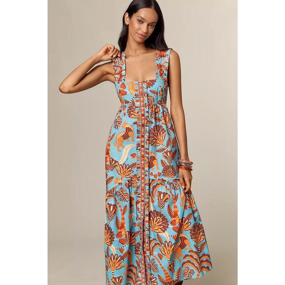 Anthropologie Dresses & Skirts - NWT Farm Rio x Anthropologie Square-Neck Midi Dress $285 LARGE Blue